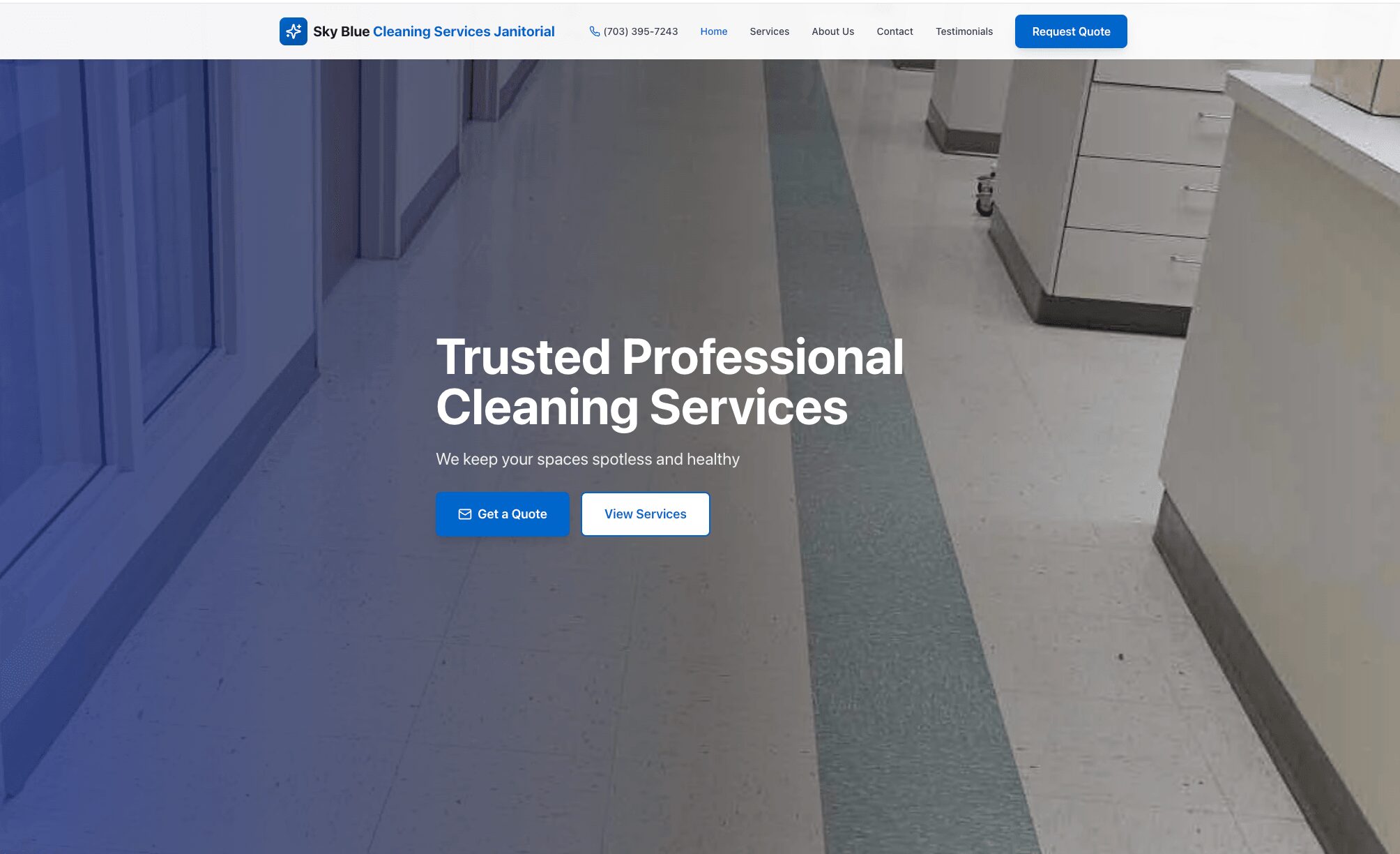 Clean hospital corridor with reception desk and flooring, text overlay about professional cleaning services, blue buttons for booking and services.