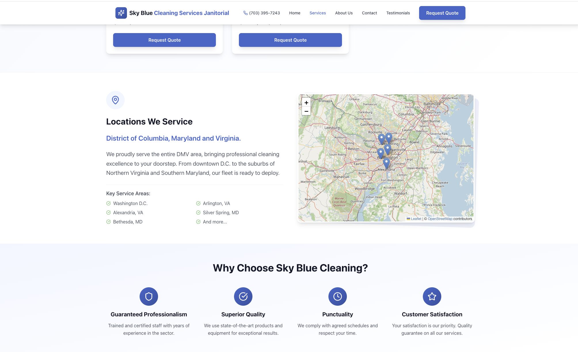 Screenshot of a website showing Sky Blue Cleaning locations, a map, and service information.