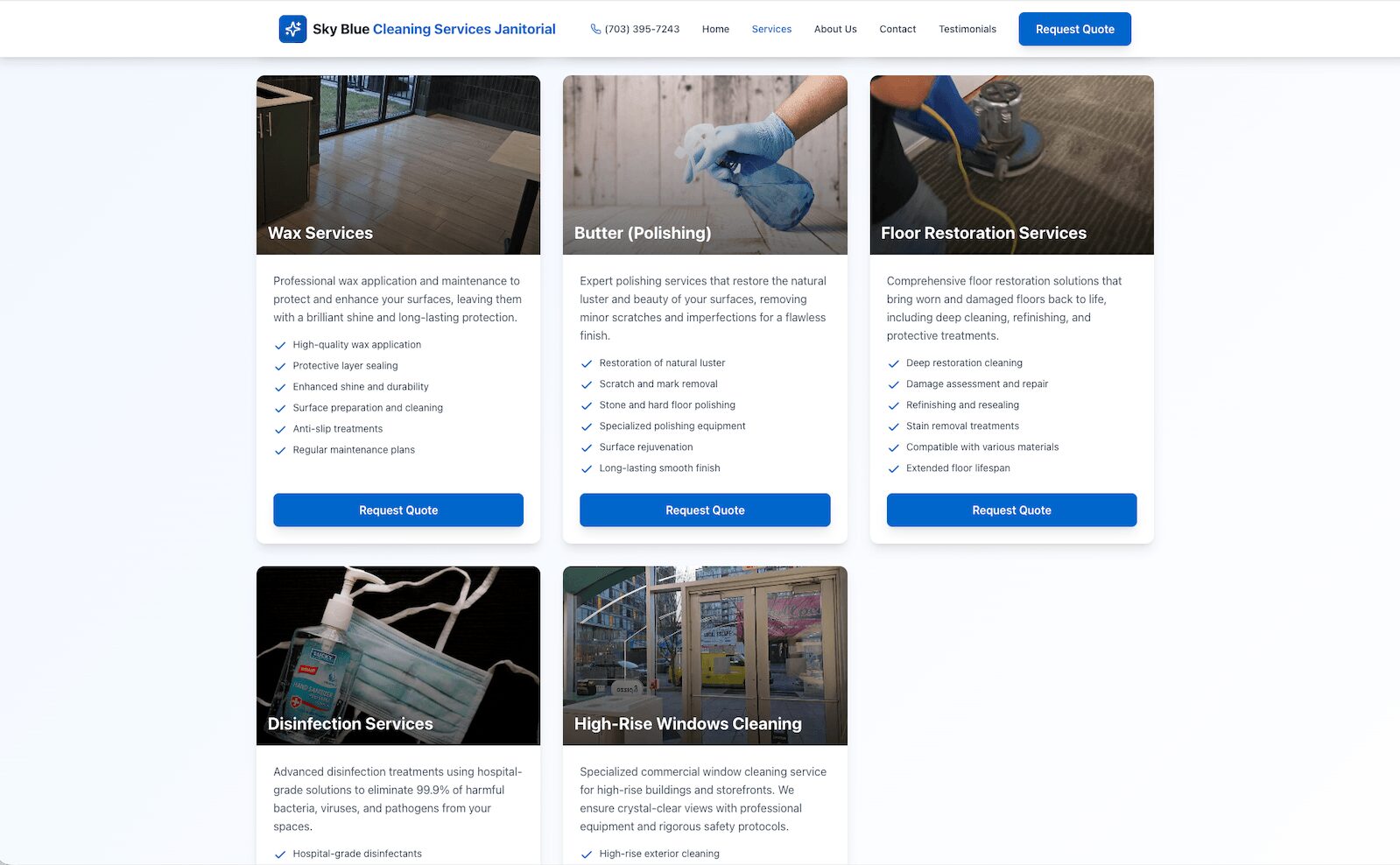 Website homepage with six service options: new services, carpet cleaning, floor restoration, disinfection, high-rise window cleaning, and a contact button.