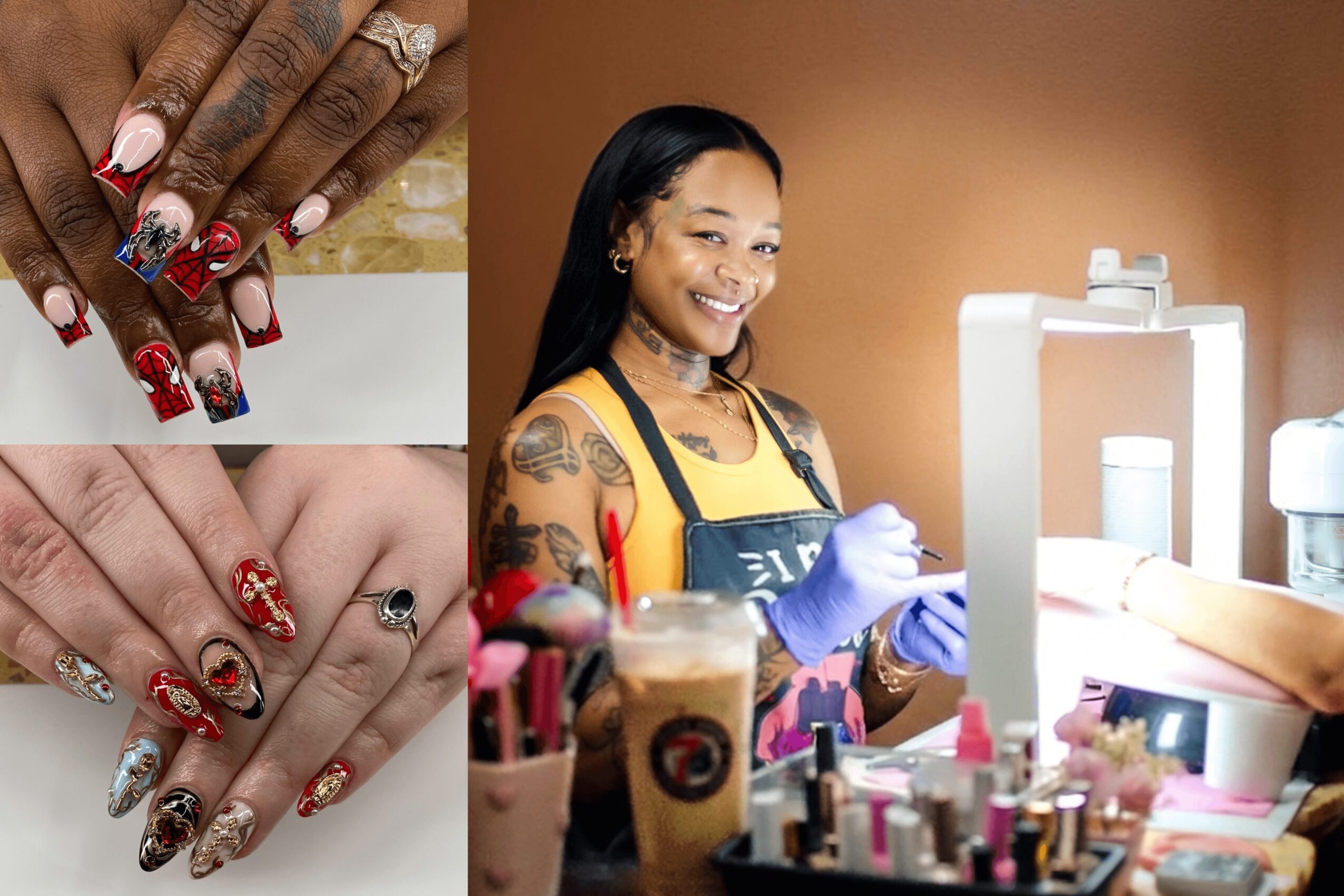 Woman with tattoos smiling in a nail salon, surrounded by nail polish bottles and tools, wearing gloves and an apron.