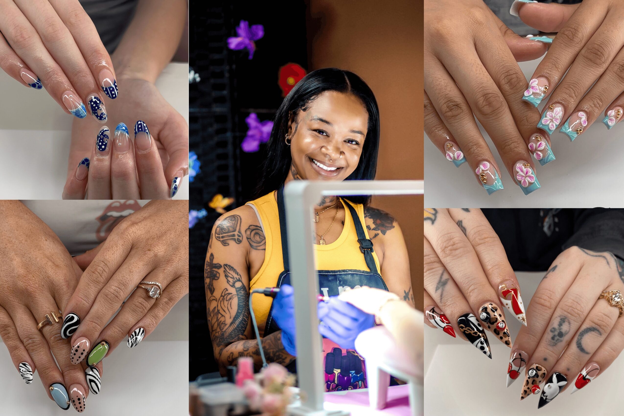 Collage of six images showing various decorated fingernails and a smiling woman with tattoos, holding a paintbrush.