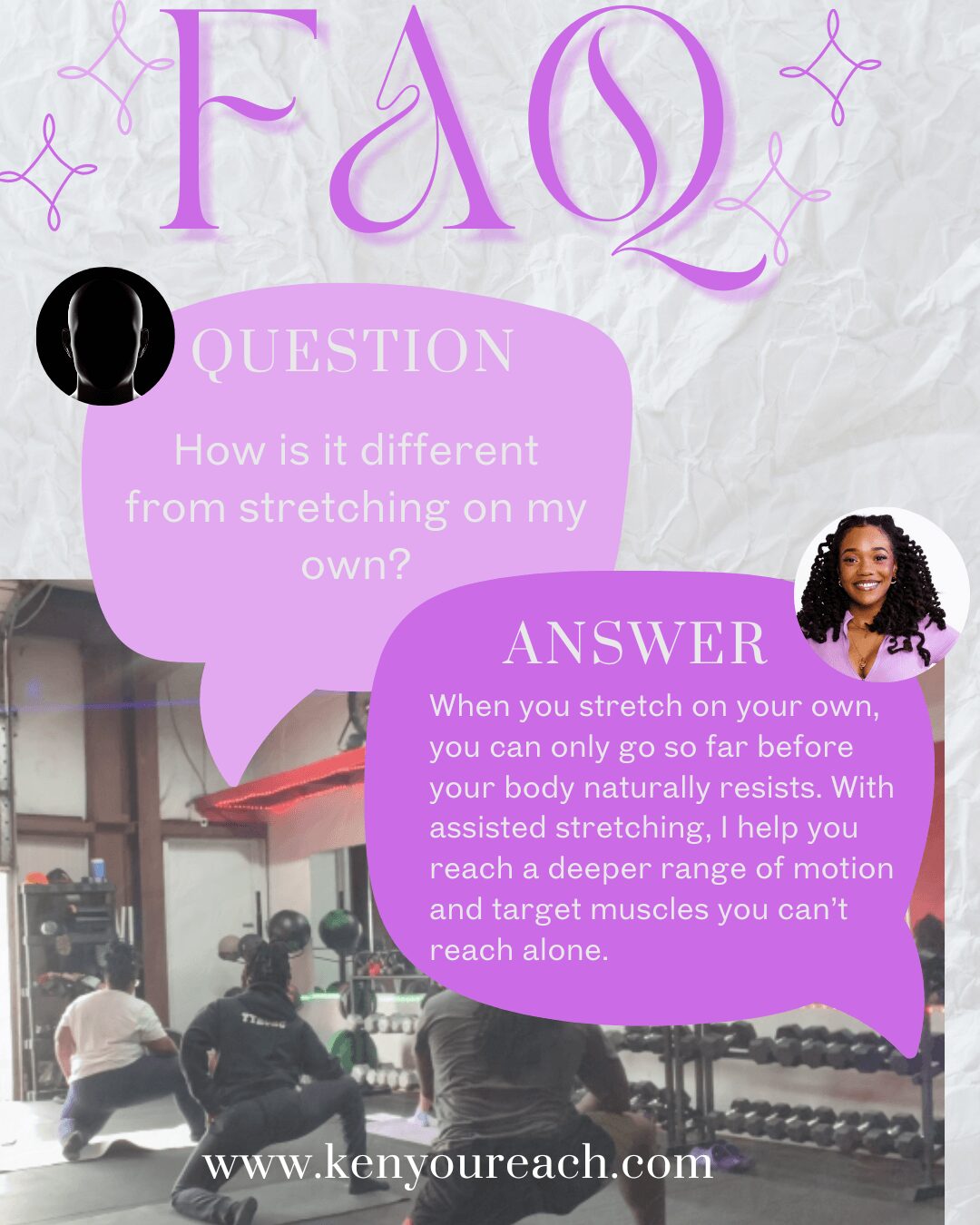 FAQ page with question and answer bubbles, a woman smiling, and a gym scene in the background.