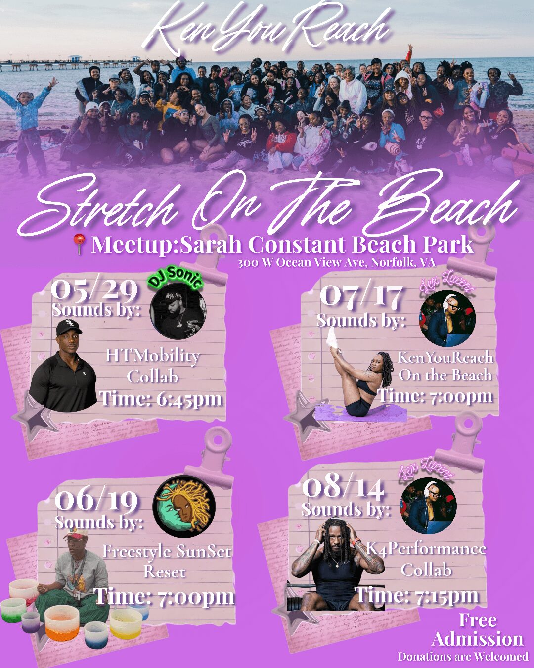 Group of people on a beach with text about a stretch event, dates, times, and performers, with a sunset background.