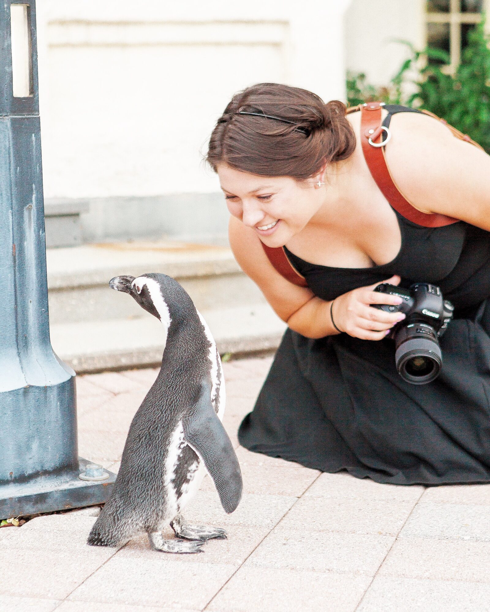 Woman crouching and smiling at a penguin on a city sidewalk, holding a camera in her hand.