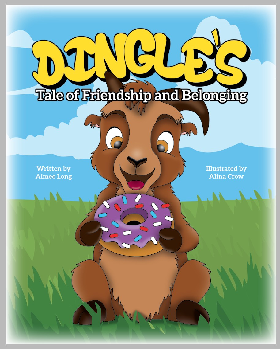Cartoon dog holding a colorful donut, sitting on grass with a blue sky and clouds background.