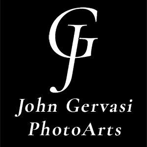Black background with white stylized initials 'G' and 'F', and text 'John Gervasi PhotoArts'.