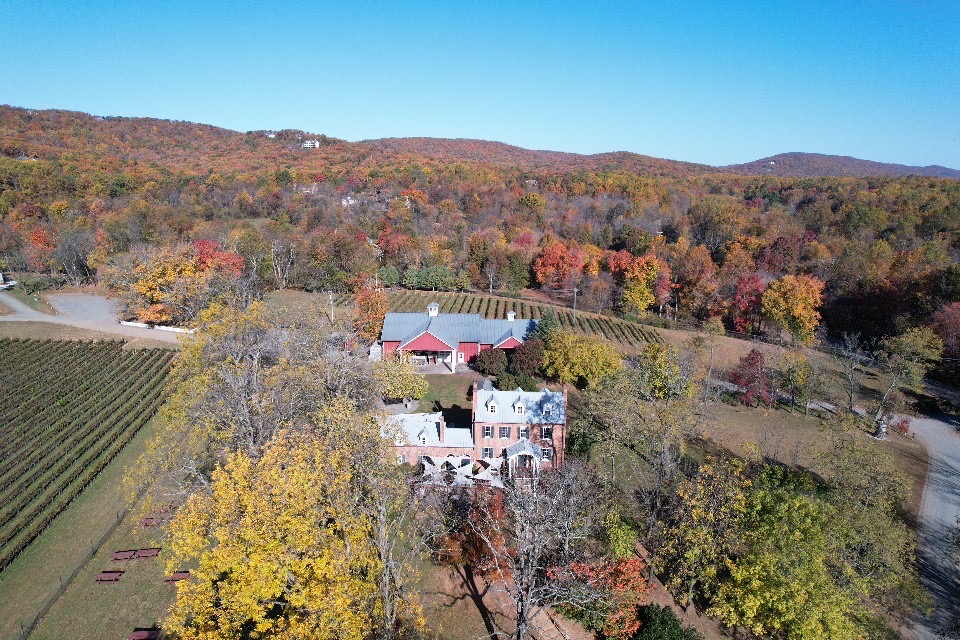 A landscape with a building surrounded by trees and hills in the background during autumn, clear blue sky.