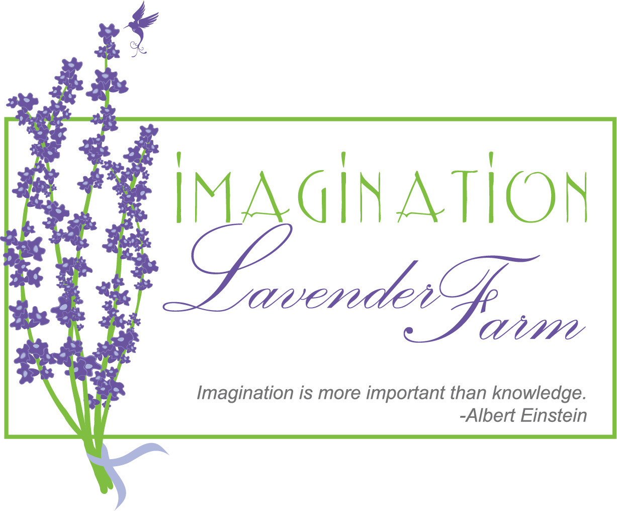 Lavender flowers on the left, green and purple text, quote about imagination, and a green border.