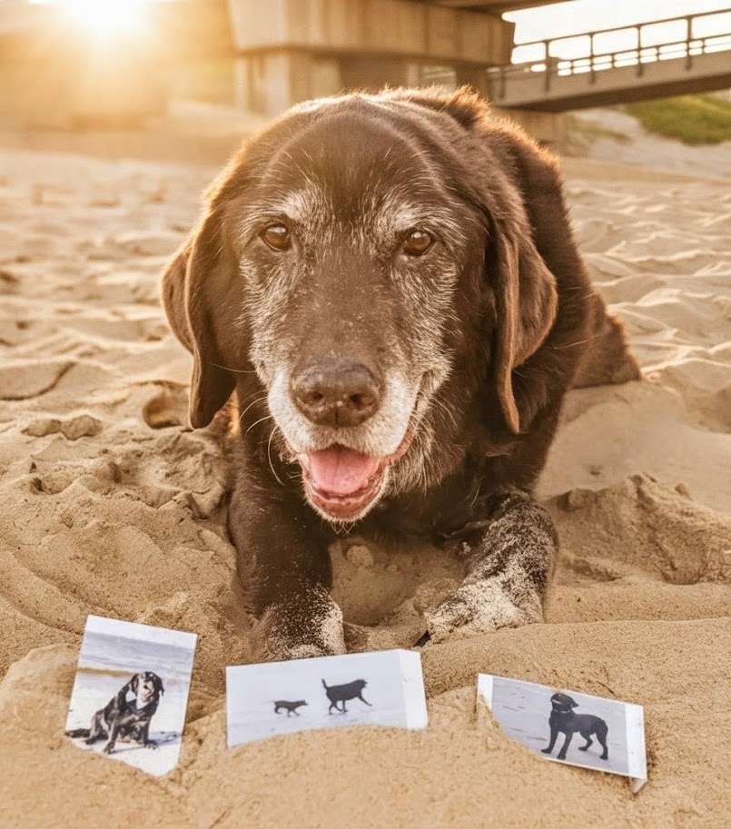 Elderly dog lying on sand with three printed photos of dogs in front, sunset background, bridge in distance.