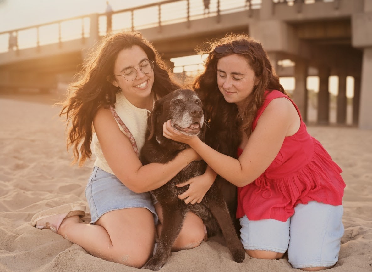 Two women sitting on sand with a dog, smiling and holding the dog, near a bridge at sunset.