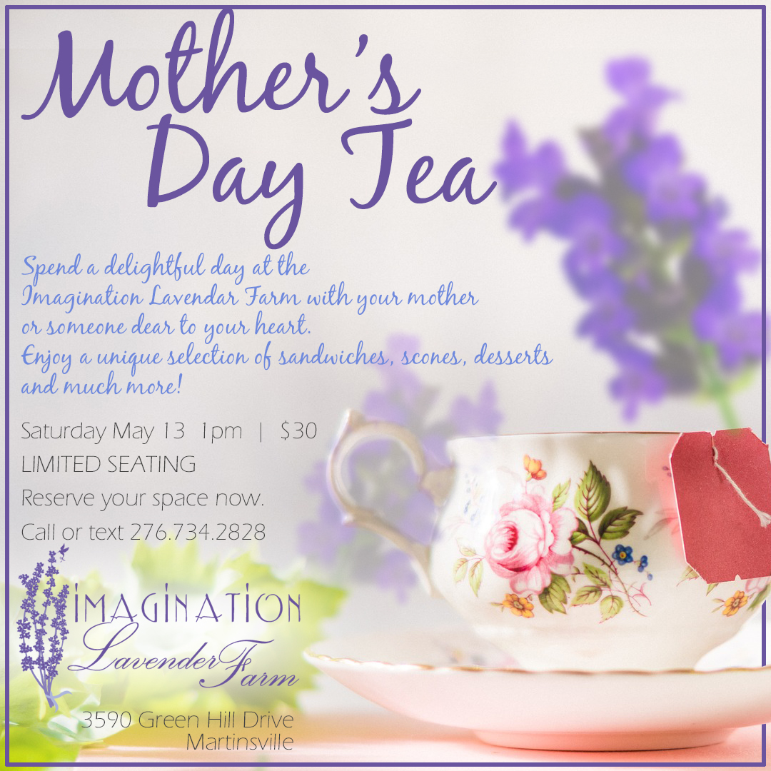 Invitation for Mother's Day Tea with a floral teacup, lavender flowers, and event details, including date, time, and location.