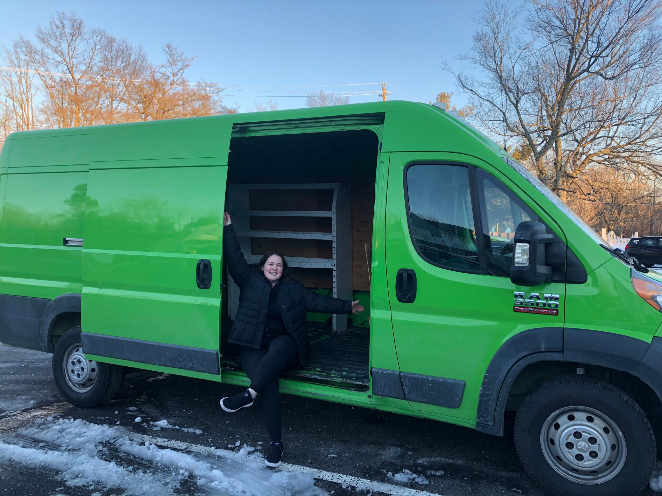 Person standing in the open doorway of a green cargo van outdoors, with trees and a partly cloudy sky in the background.