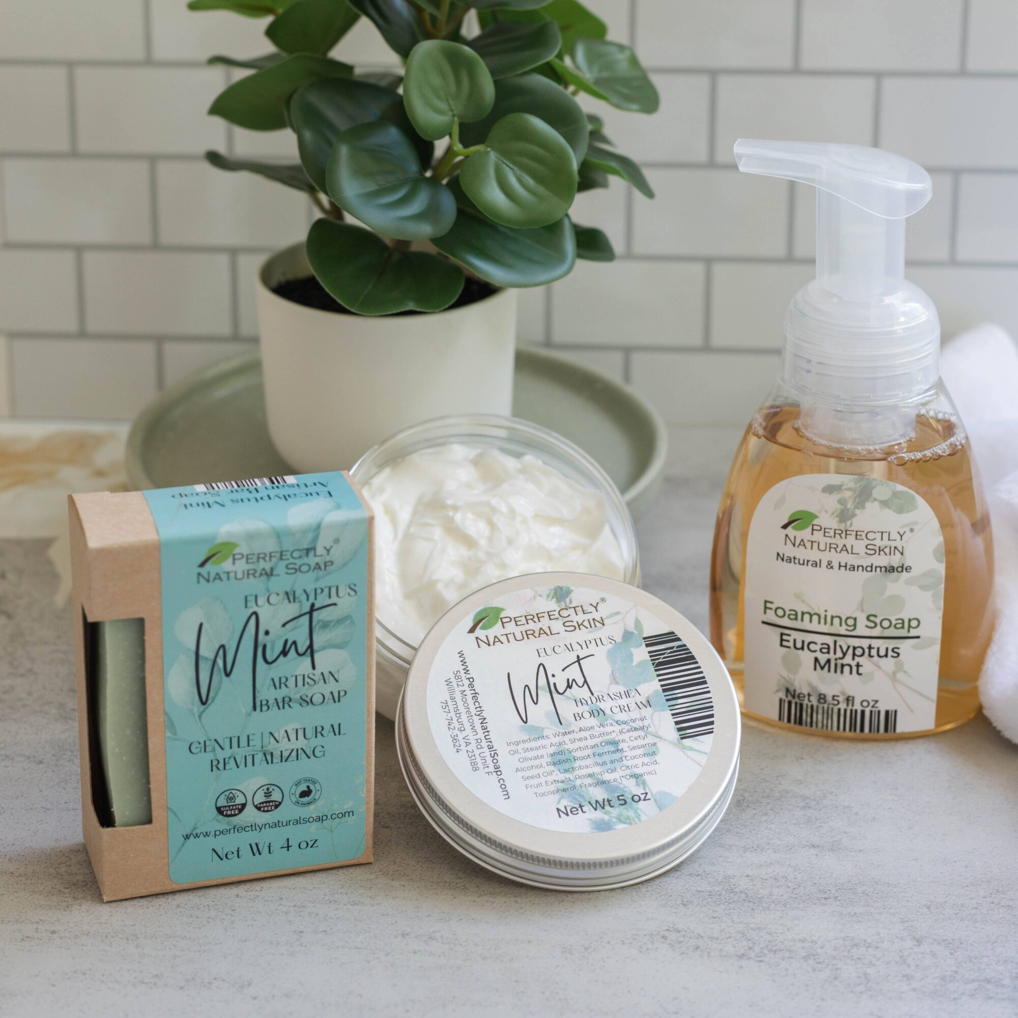 Set of natural soap products including mint and eucalyptus foaming soap, a potted plant, and a soap dispenser on a countertop.