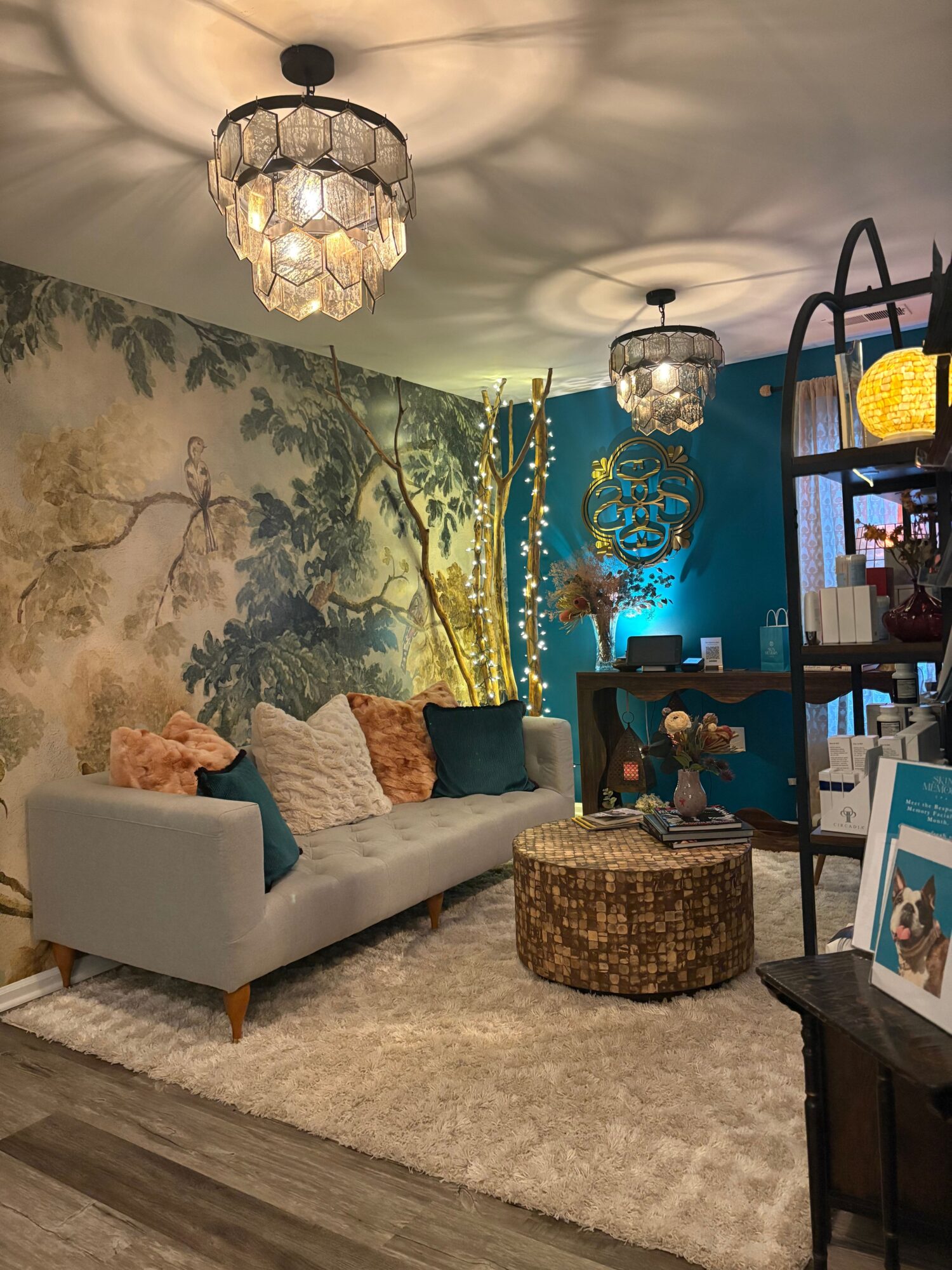 Living room with a wall mural of trees, a gray sofa with pillows, a round woven ottoman, and a beige rug.