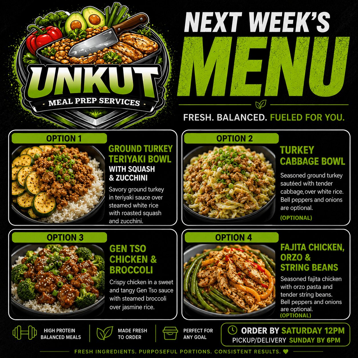 Menu with options for ground turkey, turkey cabbage bowl, gen TSO chicken, and fajita chicken, with vegetables and dishes displayed.
