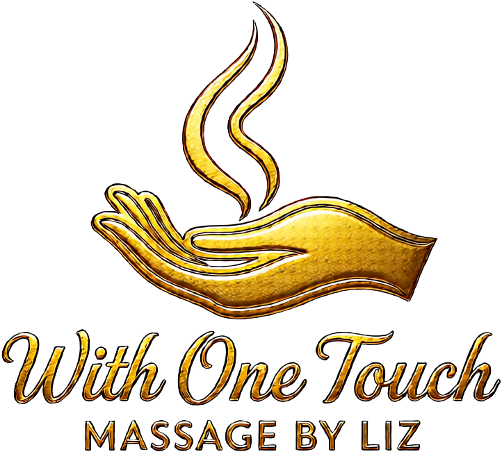 Golden hand with steam rising, text reads 'With One Touch Massage by Liz', on black background.
