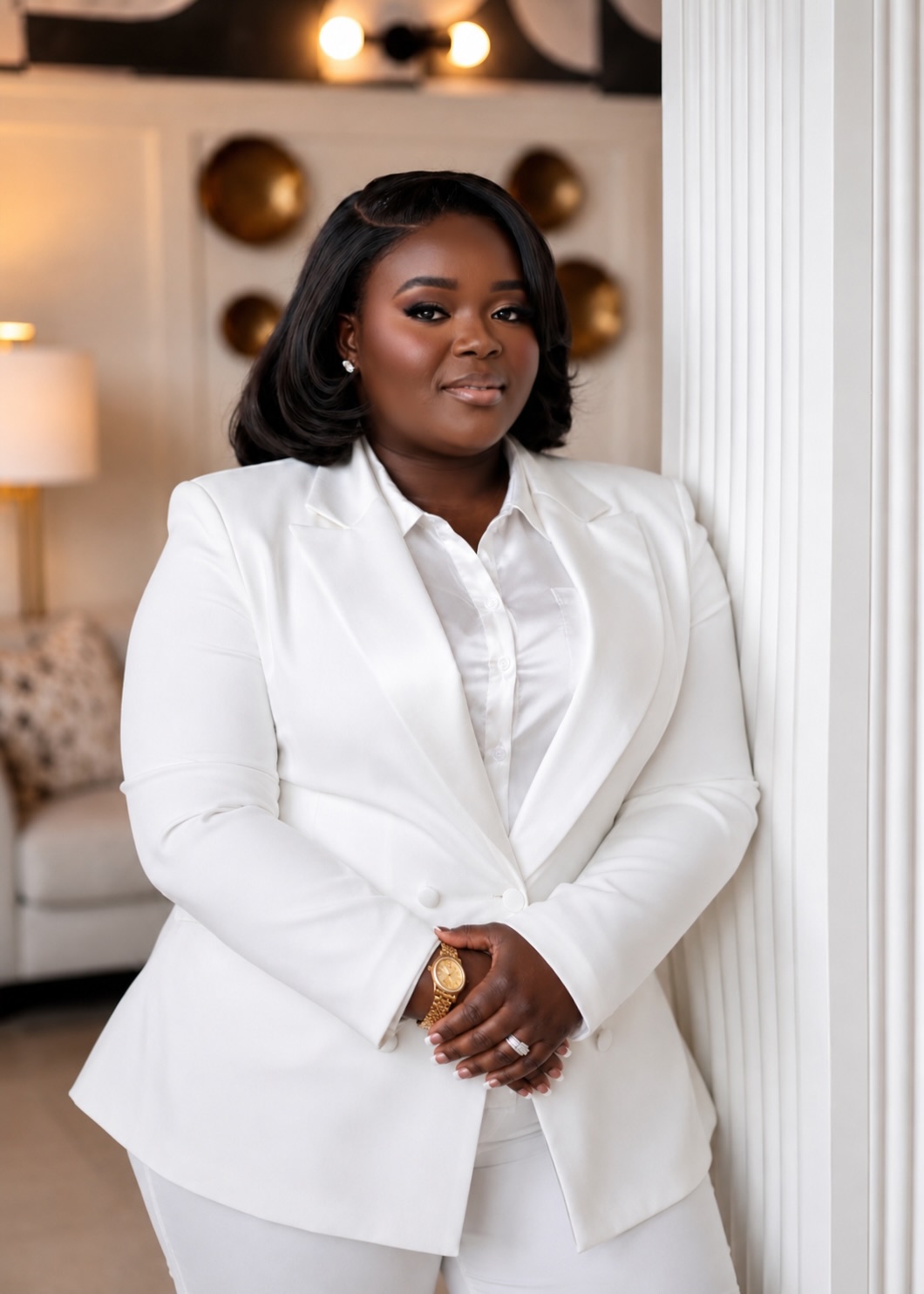 Woman in white blazer and shirt standing indoors with a neutral expression, hands clasped, in front of a white wall.
