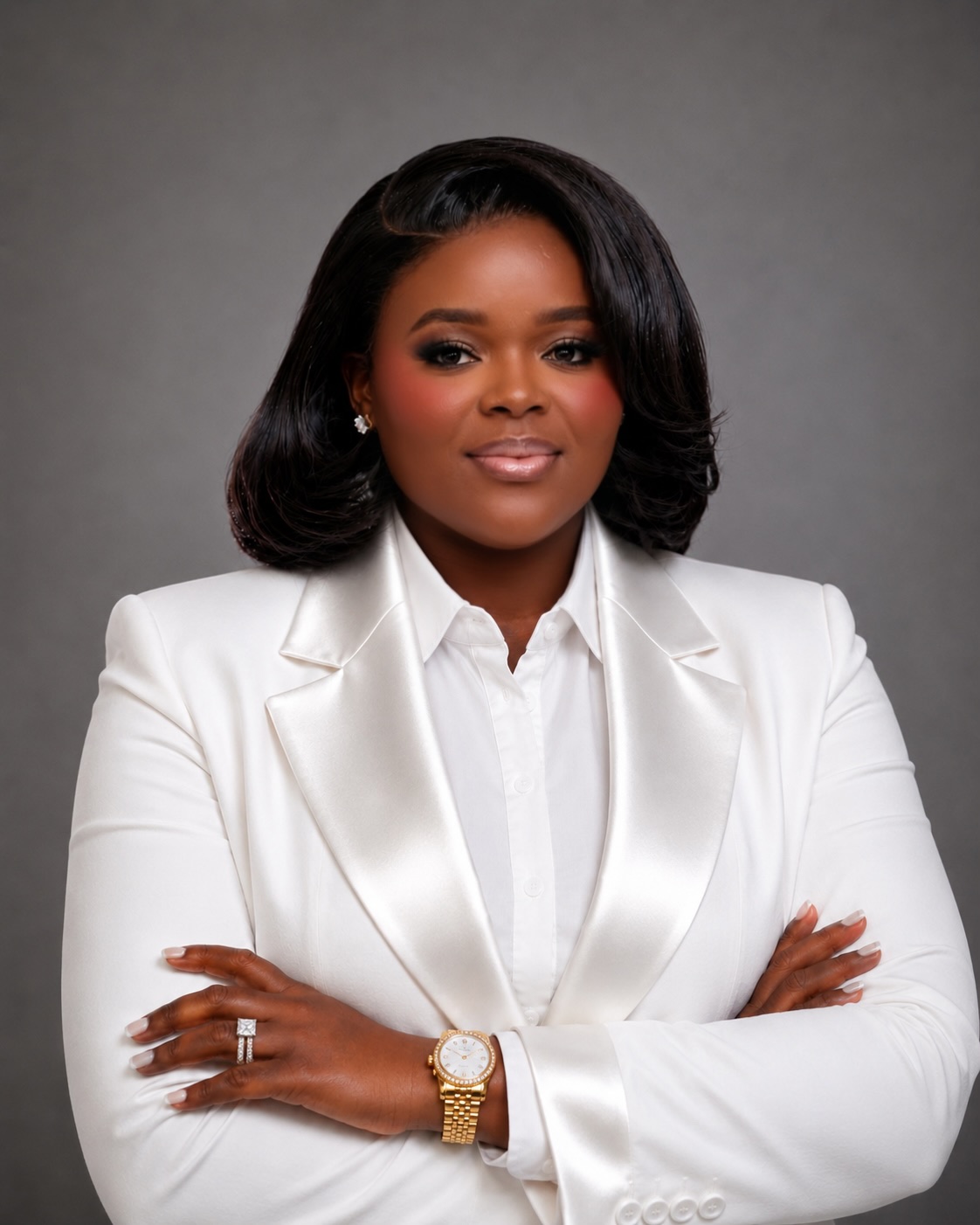 Woman in white blazer with crossed arms, wearing a watch and ring, against a gray background.