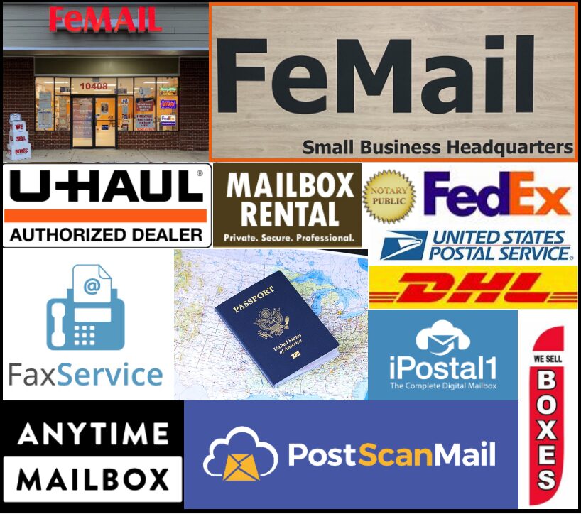 Storefront with signs for FeMail, HAIL, MAILBOX RENTAL, FedEx, DHL, USPS, and a passport image, with mailbox boxes on the right.