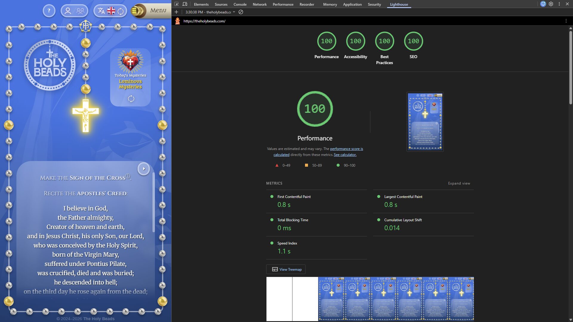 Split image: left shows a religious-themed card with a cross and beads, right shows a performance dashboard with a phone image.