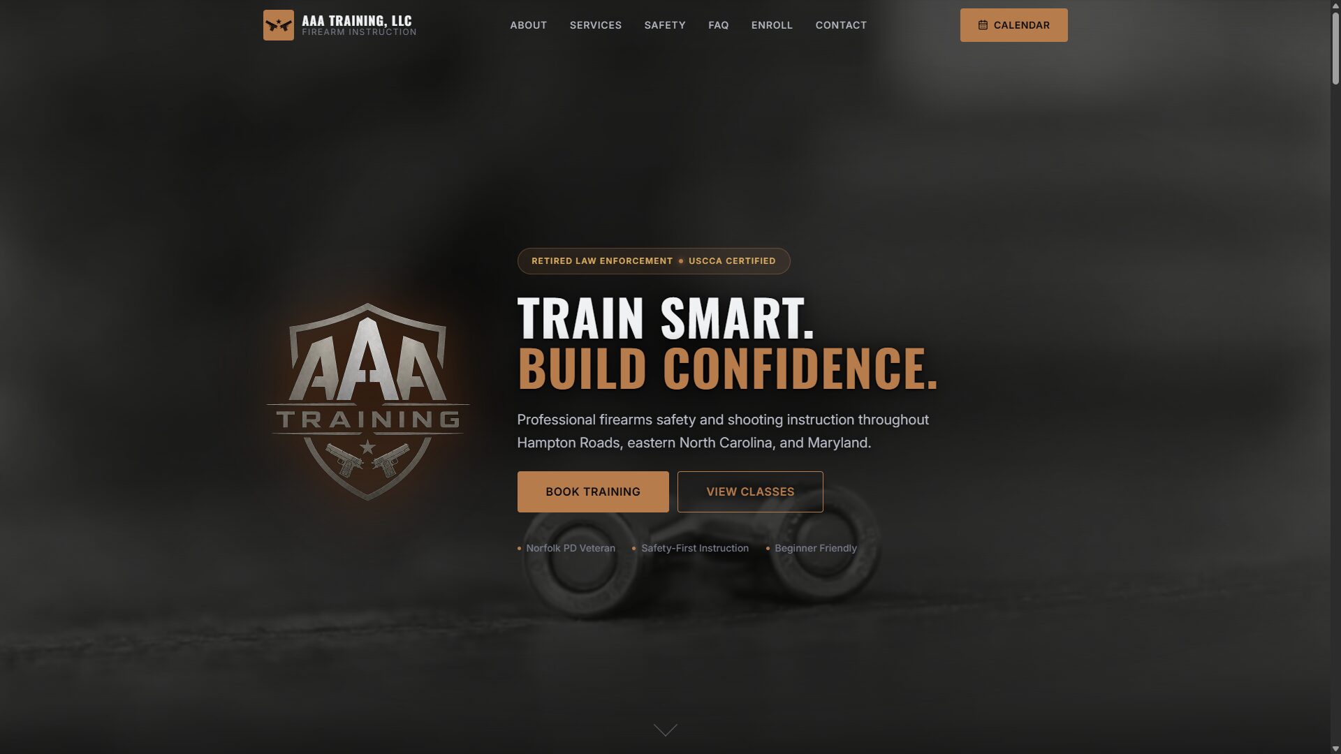 Website homepage with logo, navigation menu, and a central message about training and confidence building, with a dark background.
