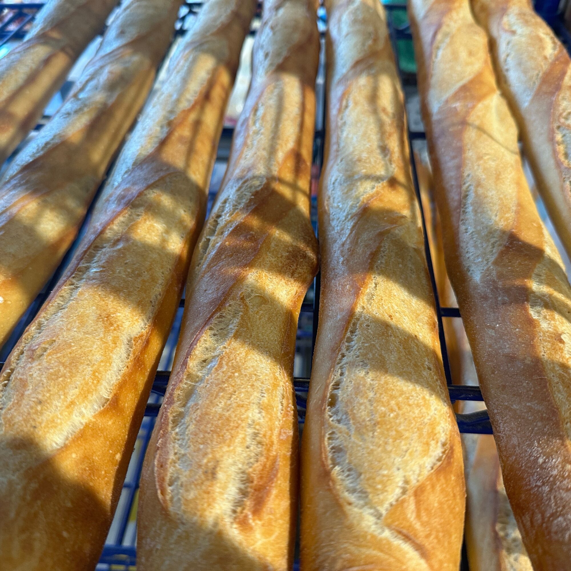 Several baguettes on a cooling rack with shadows cast on them.