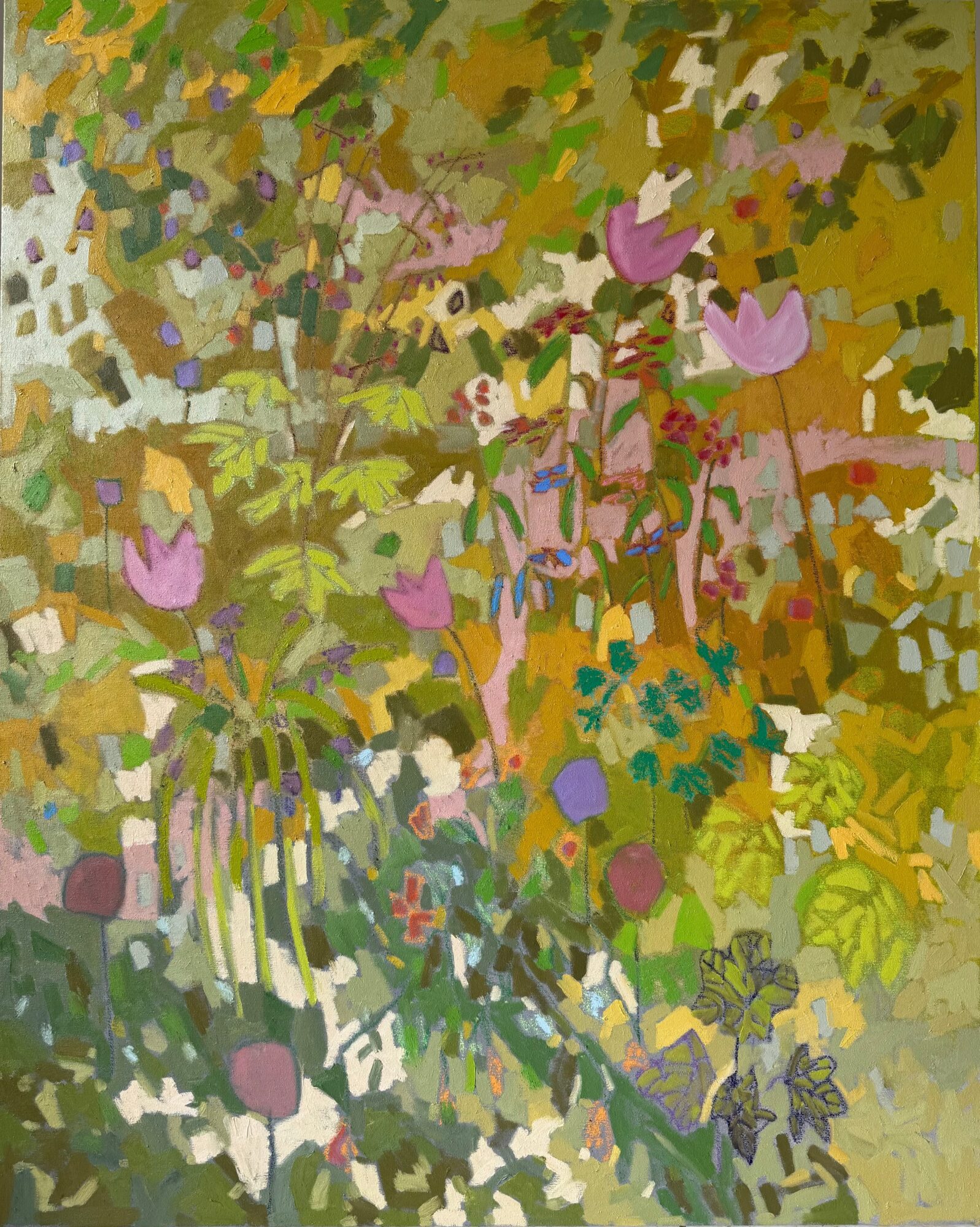 Abstract floral painting with pink, purple, green, and yellow colors, depicting flowers and foliage in a vibrant composition.