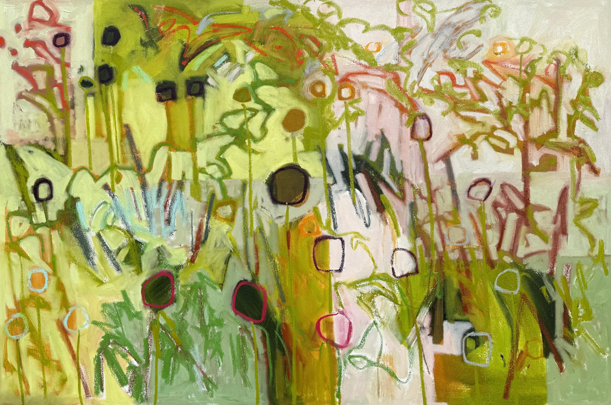 Abstract painting with yellow, green, pink, and black brushstrokes and shapes, resembling a colorful garden scene.