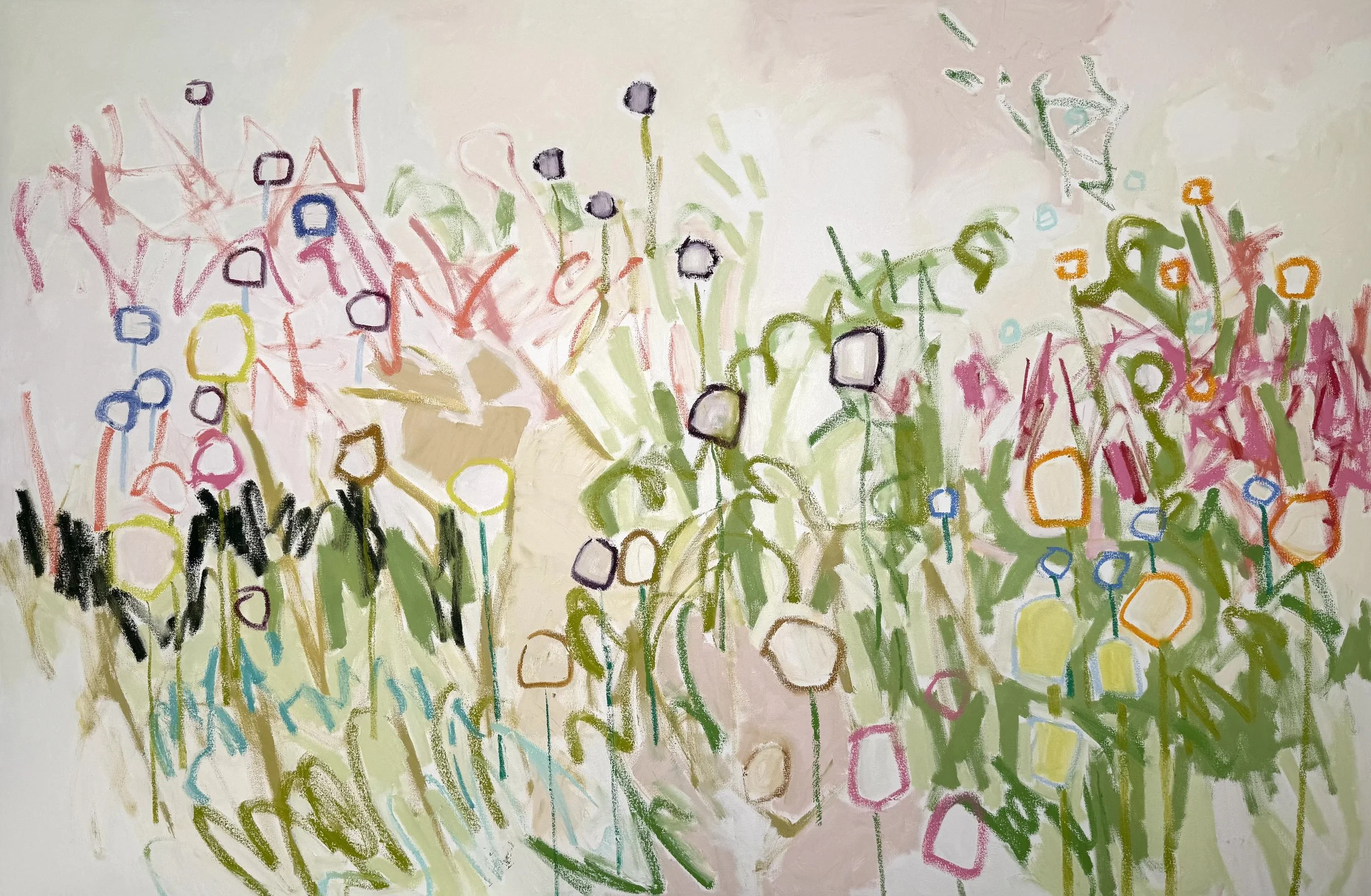 Abstract colorful floral scene with various shapes and lines representing flowers and plants, on a light background.