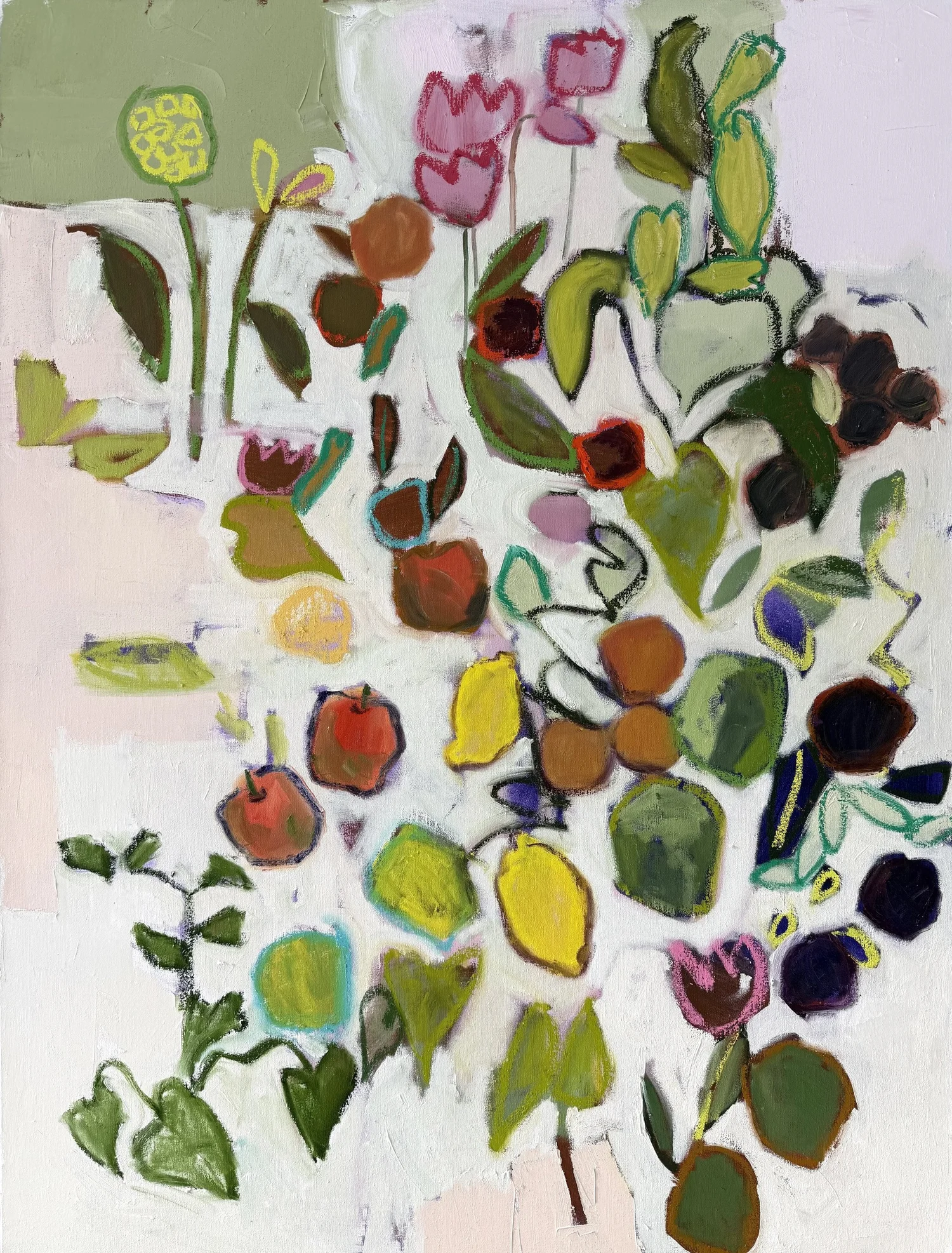 Colorful abstract floral painting with various shapes and colors, including pink, green, yellow, red, and purple, on a light background.