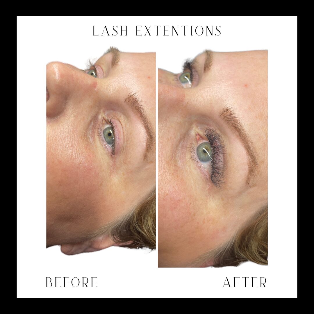 Comparison of a person's eye area before and after eyelash extension treatment, showing longer, fuller lashes in the after image.