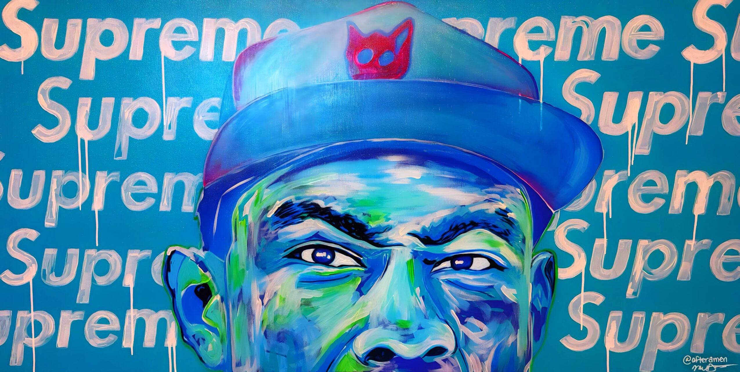 Close-up of a person's face wearing a blue cap with a red logo, with a background of repeated 'Supreme' text.