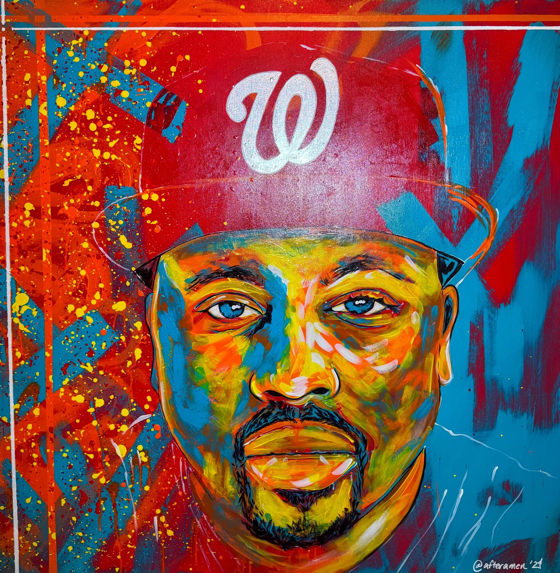 Portrait of a man wearing a red cap with a white Washington Nationals logo, painted in vibrant, expressive colors.