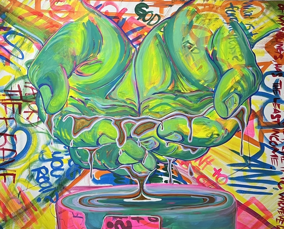 Colorful graffiti art featuring a large, abstract green and yellow face with dripping paint, surrounded by vibrant tags and designs.