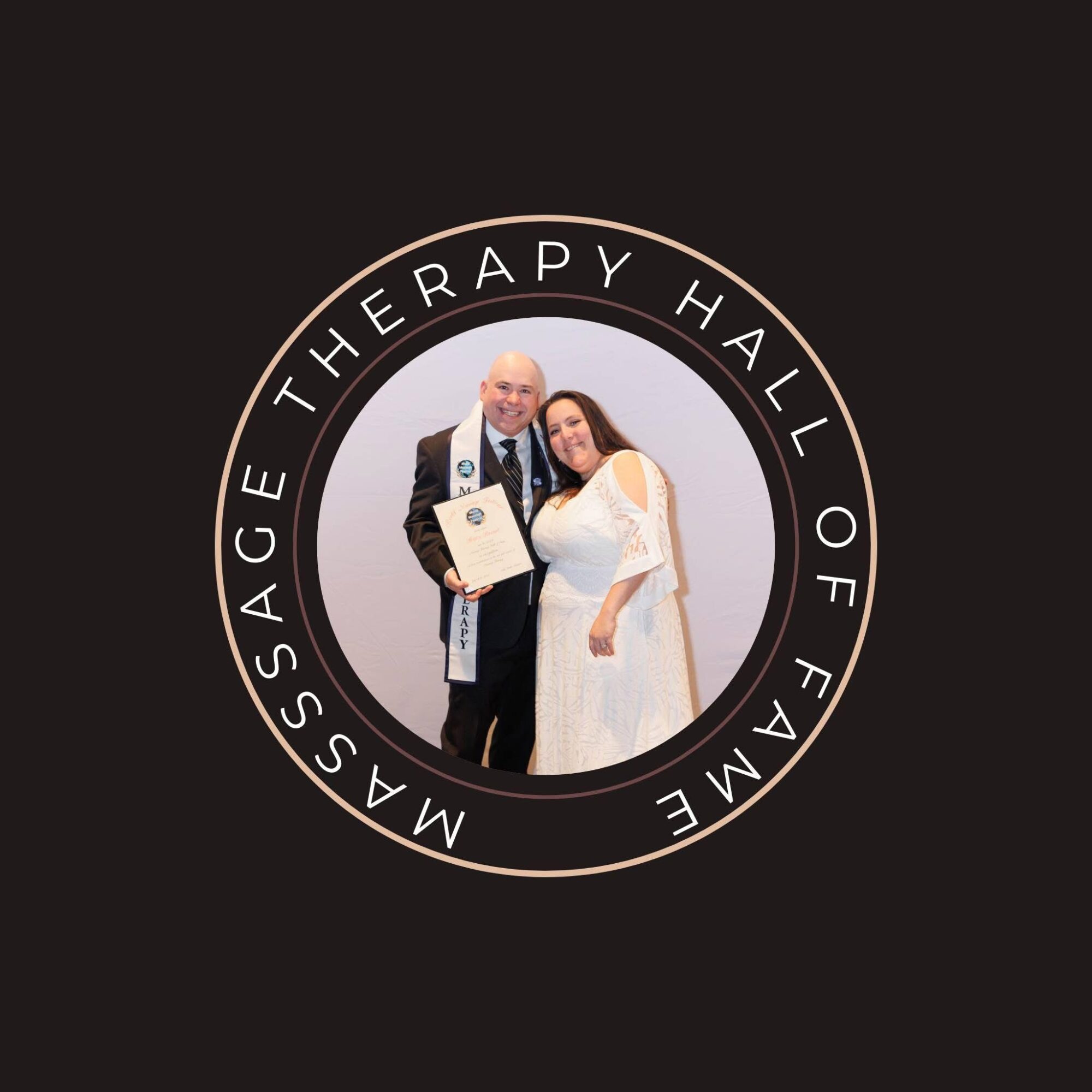 Two people, one holding a certificate, smiling in a circular frame with text about massage therapy hall of fame.
