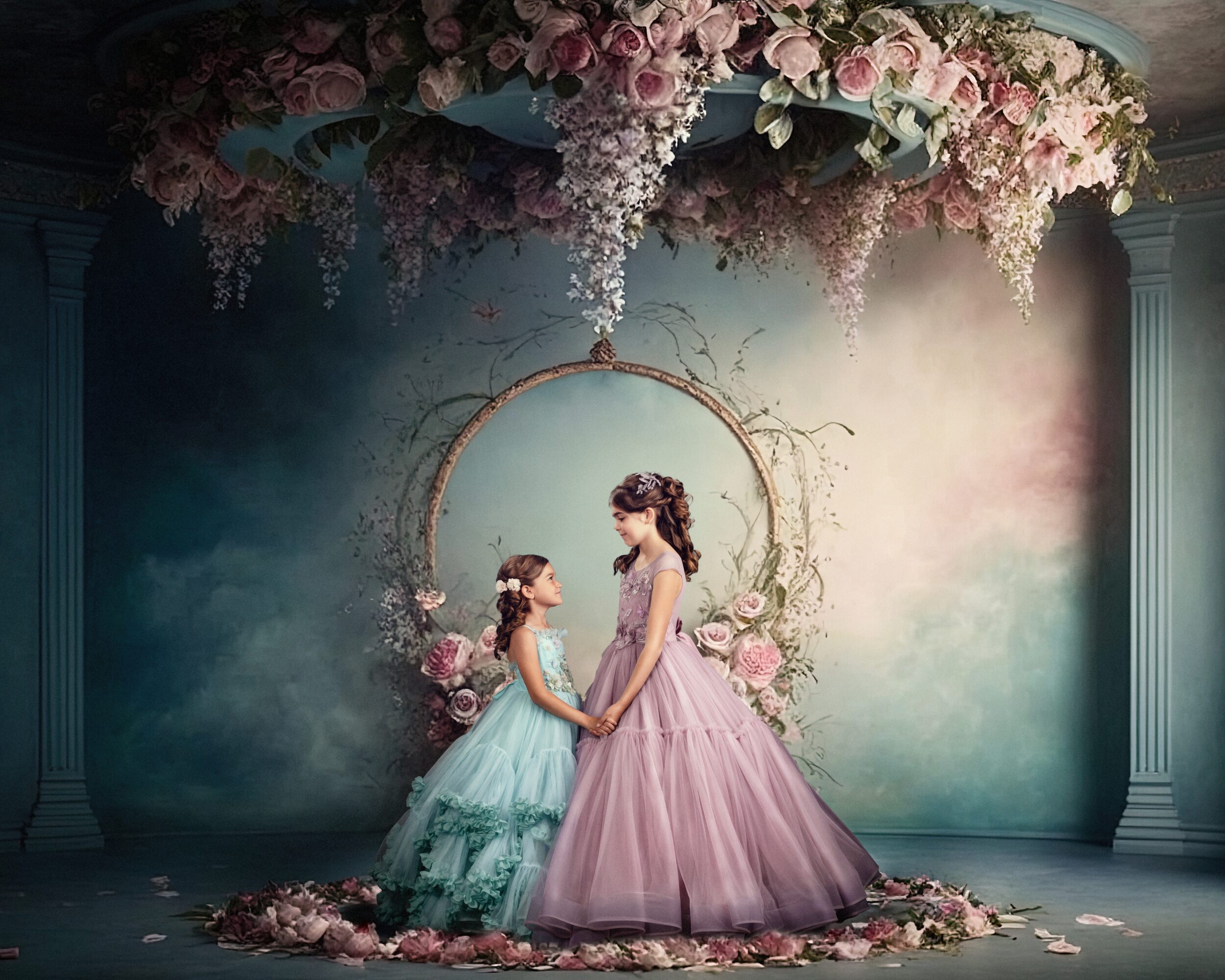 Two women in elegant dresses holding hands, surrounded by floral decorations and a circular frame, in a decorated indoor setting.