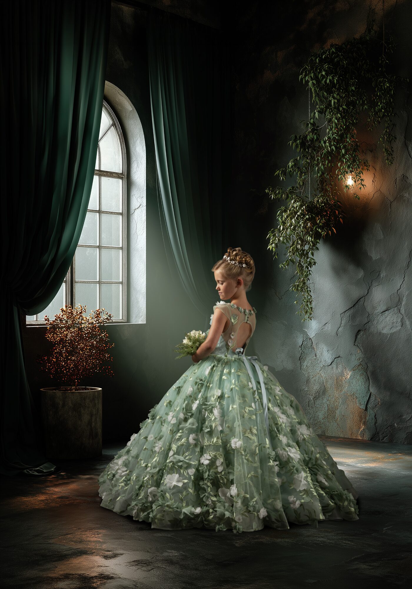 Young girl in a green, floral ball gown holding a bouquet, standing near a window with green curtains, in a dimly lit room.