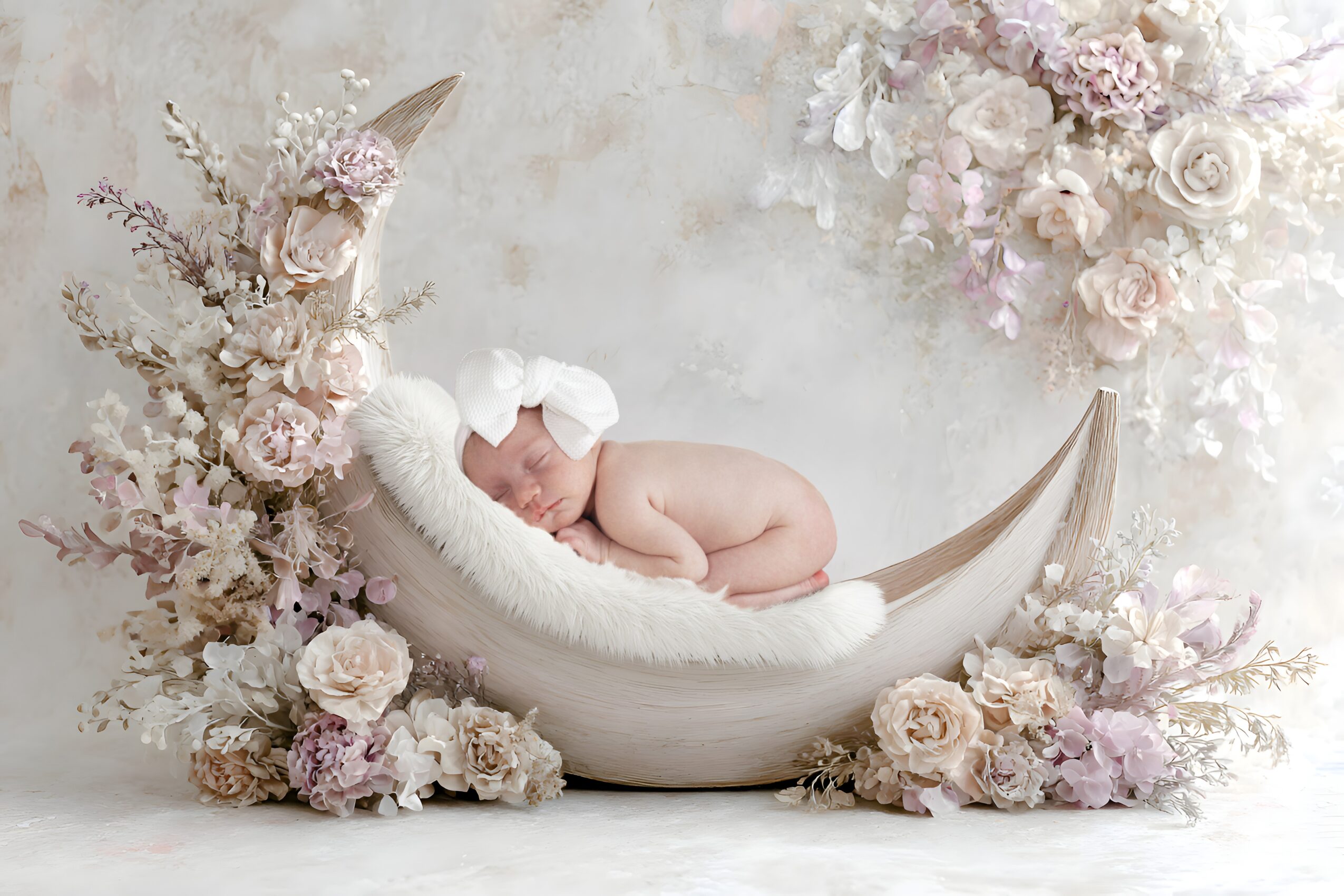 A newborn baby sleeps on a white crescent-shaped cushion surrounded by pastel-colored flowers, with a soft background.