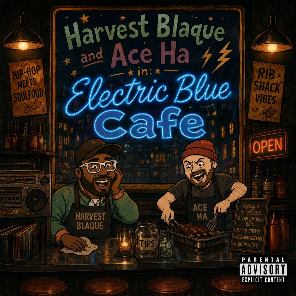Two animated men sit at a bar with neon sign reading Electric Blue Cafe, surrounded by posters and warm lighting.