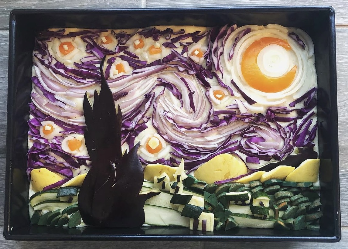 Black rabbit-shaped object with green and white blocks, purple and white swirled background, and a round orange and white object.