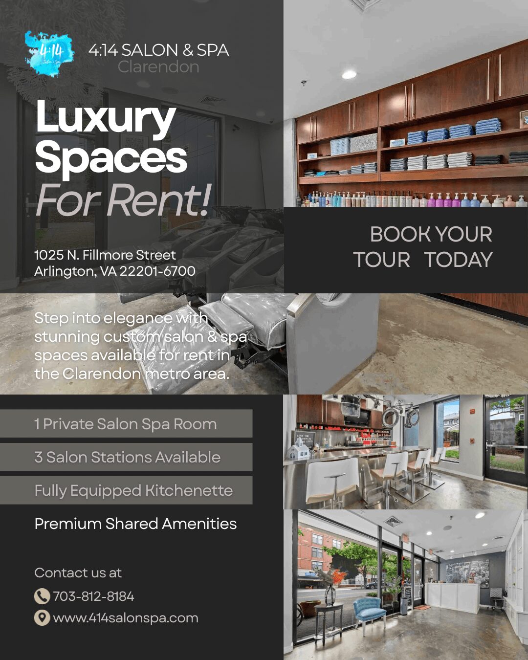 Advertisement for luxury salon and spa spaces for rent, showing interior images of a spa room and lounge area, with contact details.