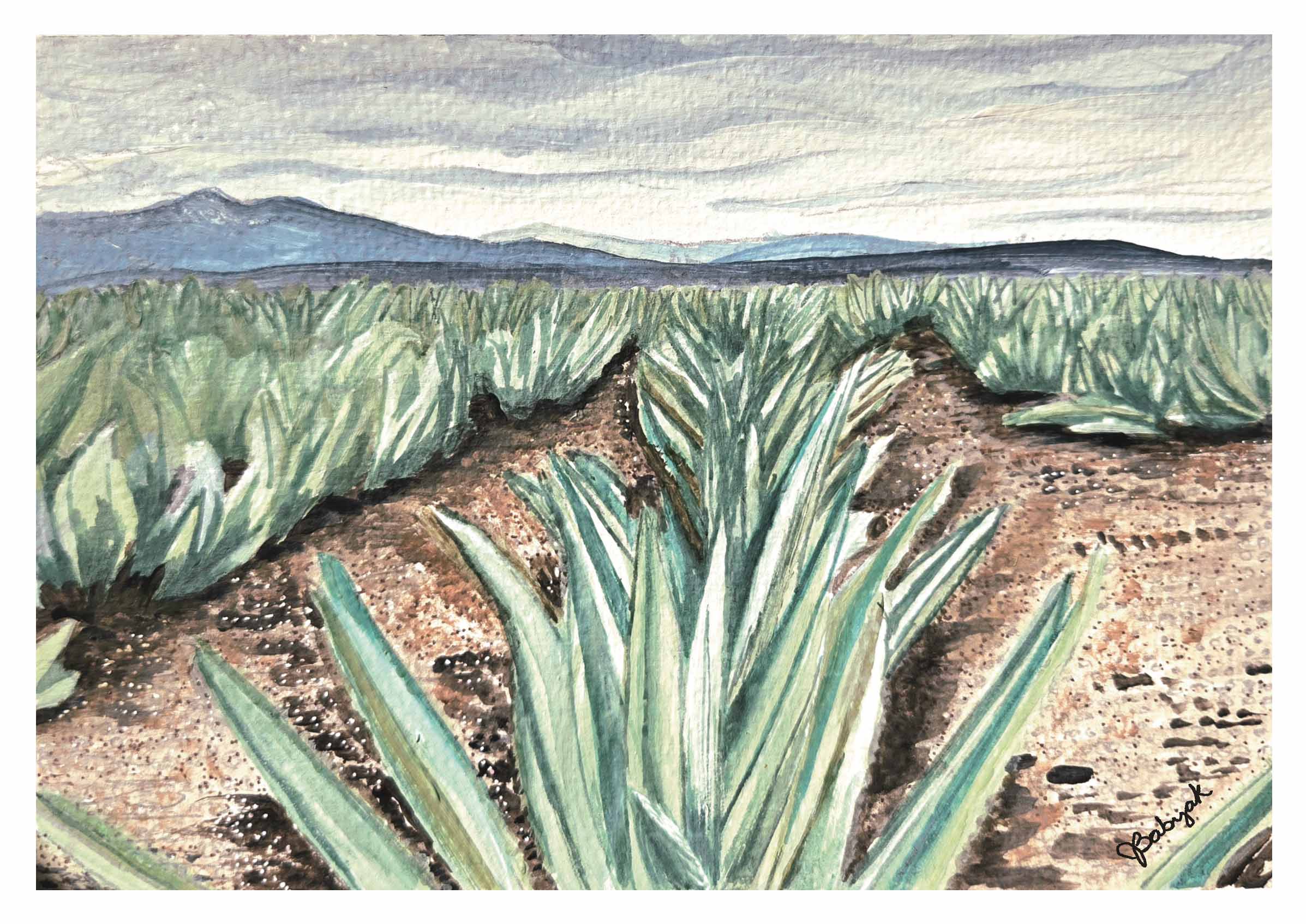Landscape painting of a field with tall plants, distant mountains, and a cloudy sky.