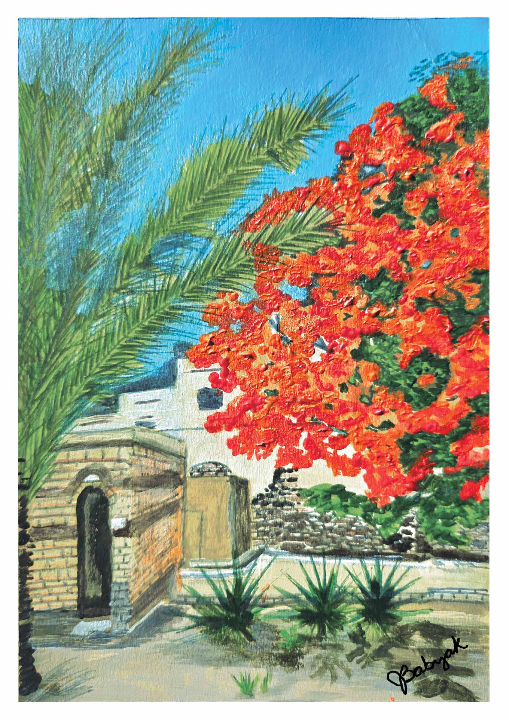 A colorful painting of a garden scene with green palm leaves, a large red flowering bush, a stone wall, and a blue sky.
