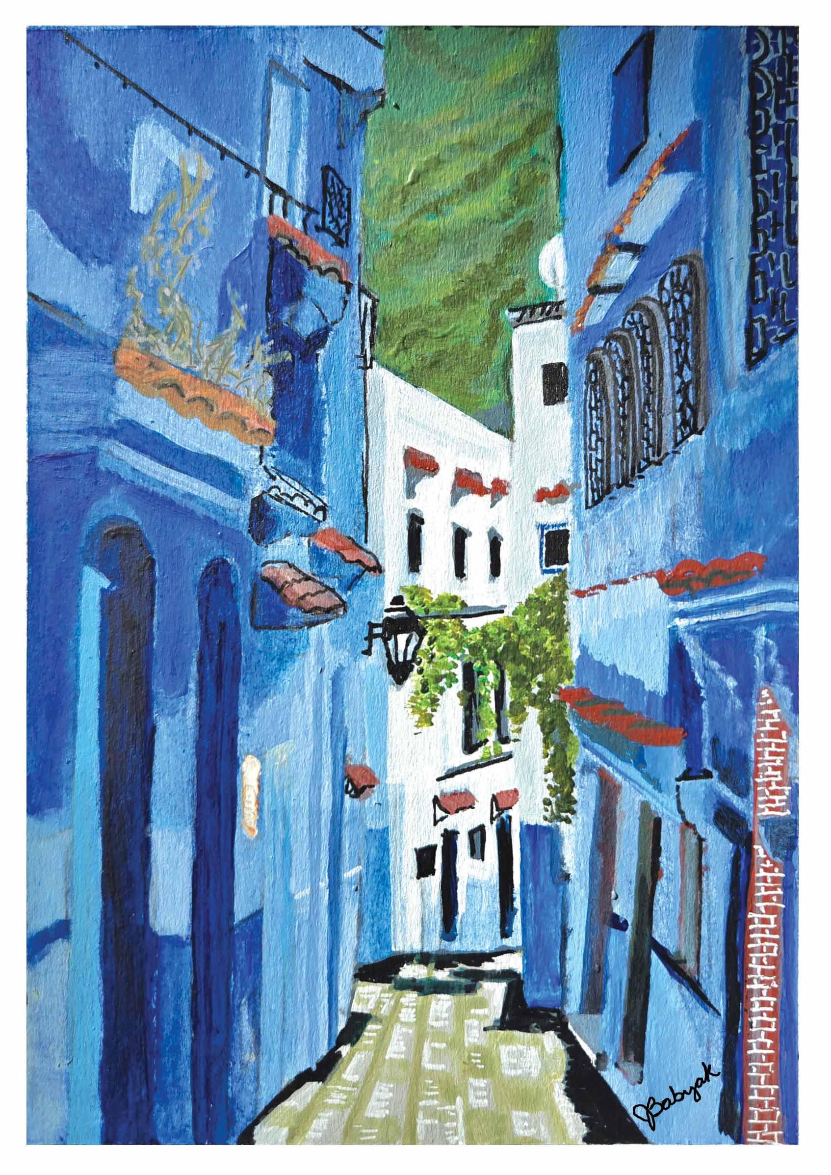 Narrow street with blue buildings, balconies, and a green hill in the background, painted in watercolor style.