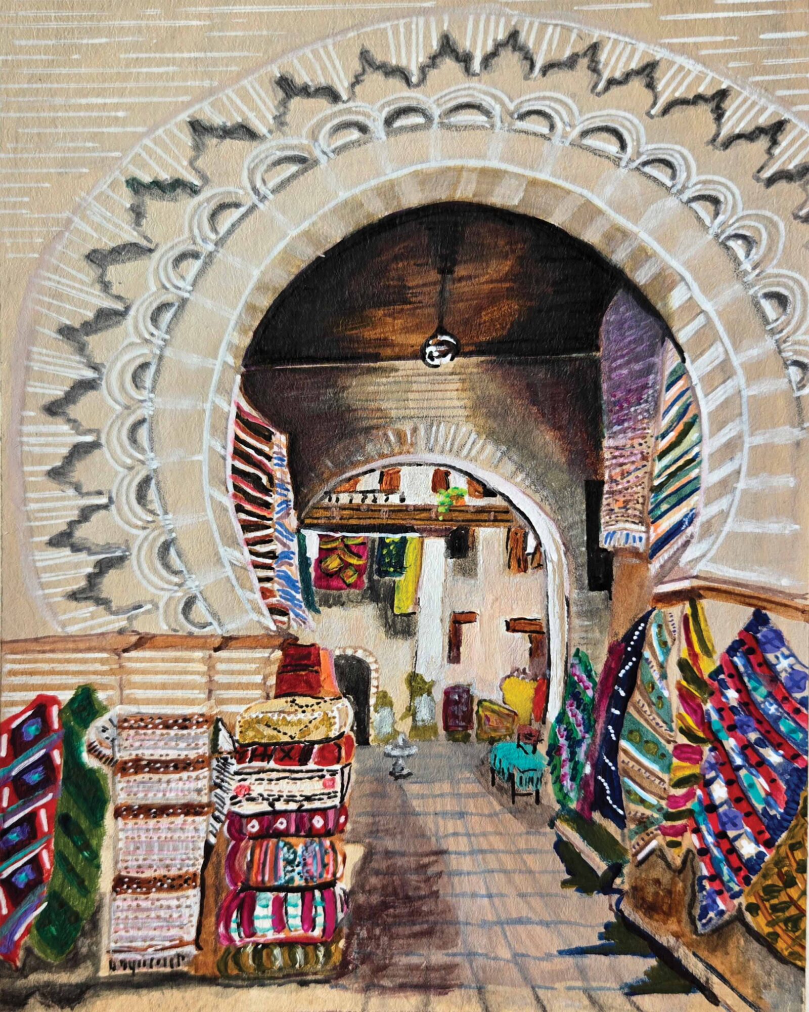 Clock with a decorative archway, colorful textiles, and a market scene inside a building, viewed from below. Word count: 20.