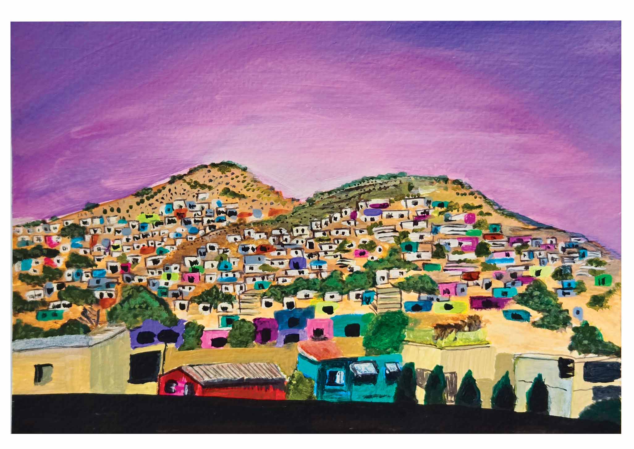 Colorful hillside town with numerous houses, under a pink and purple sky, painted in a vibrant, abstract style.