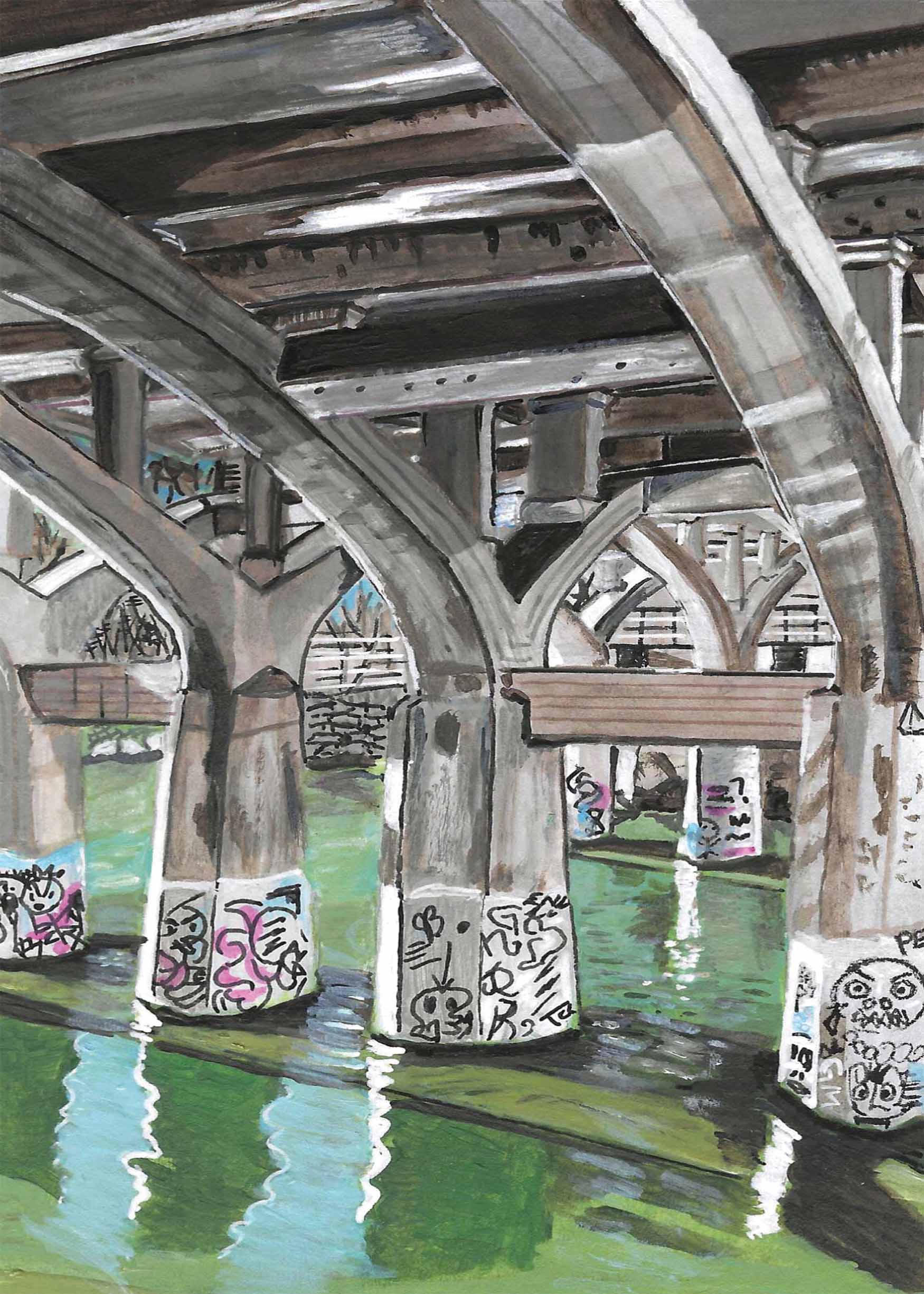 Underneath a bridge with concrete supports and arches, graffiti on pillars, water below, and reflections, viewed from below.