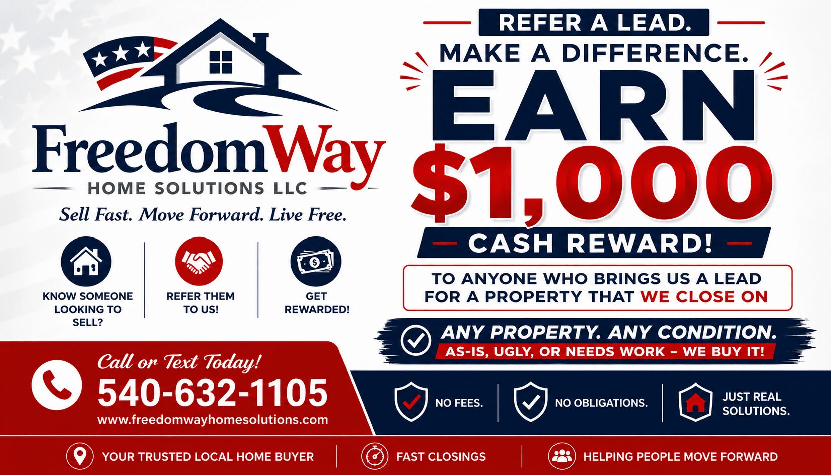 Advertisement for real estate with a house logo, bold red text offering $1,000 reward, and contact information.