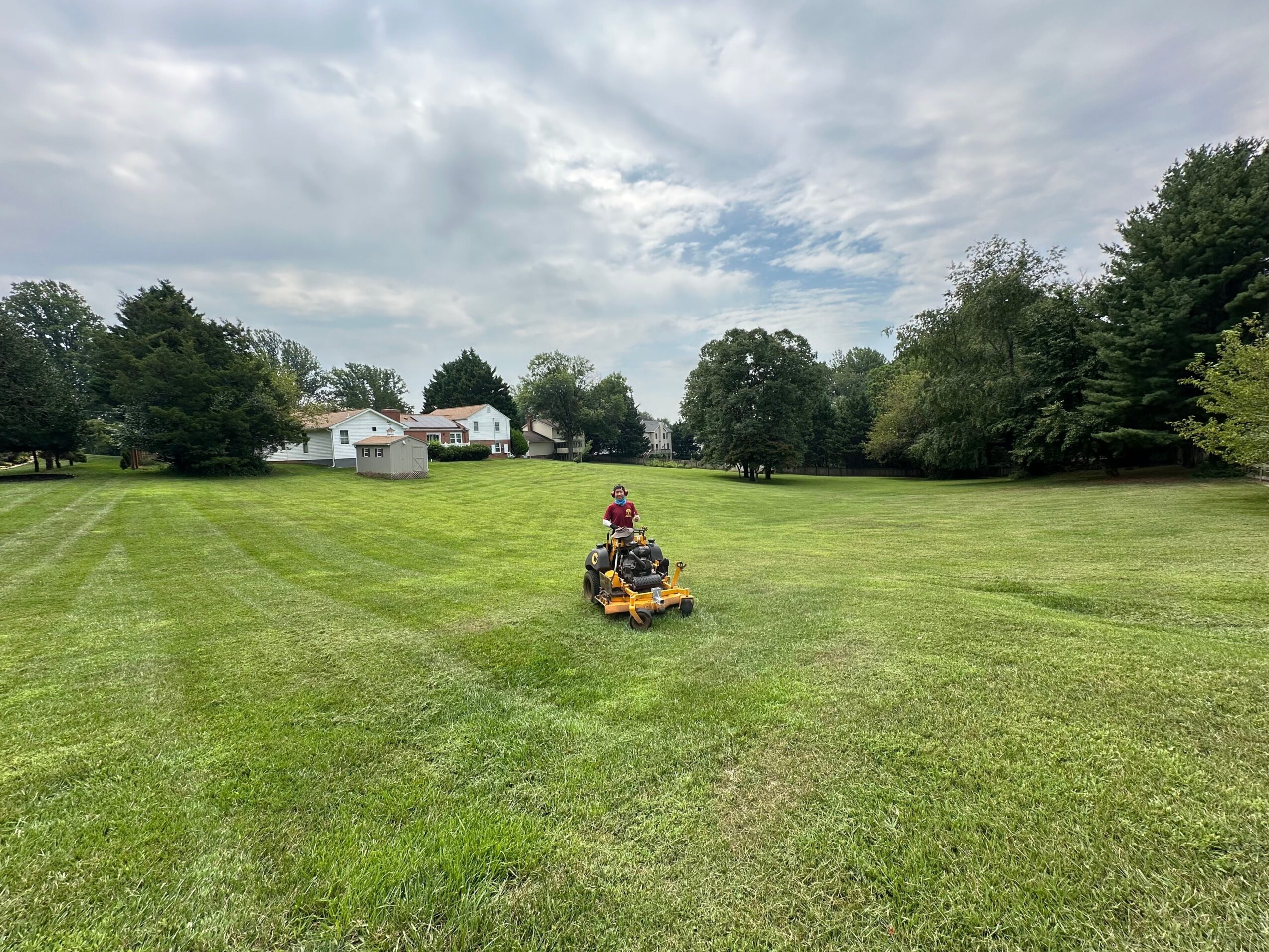 Person riding a yellow and black motorcycle on a grassy field with trees and buildings in the background.