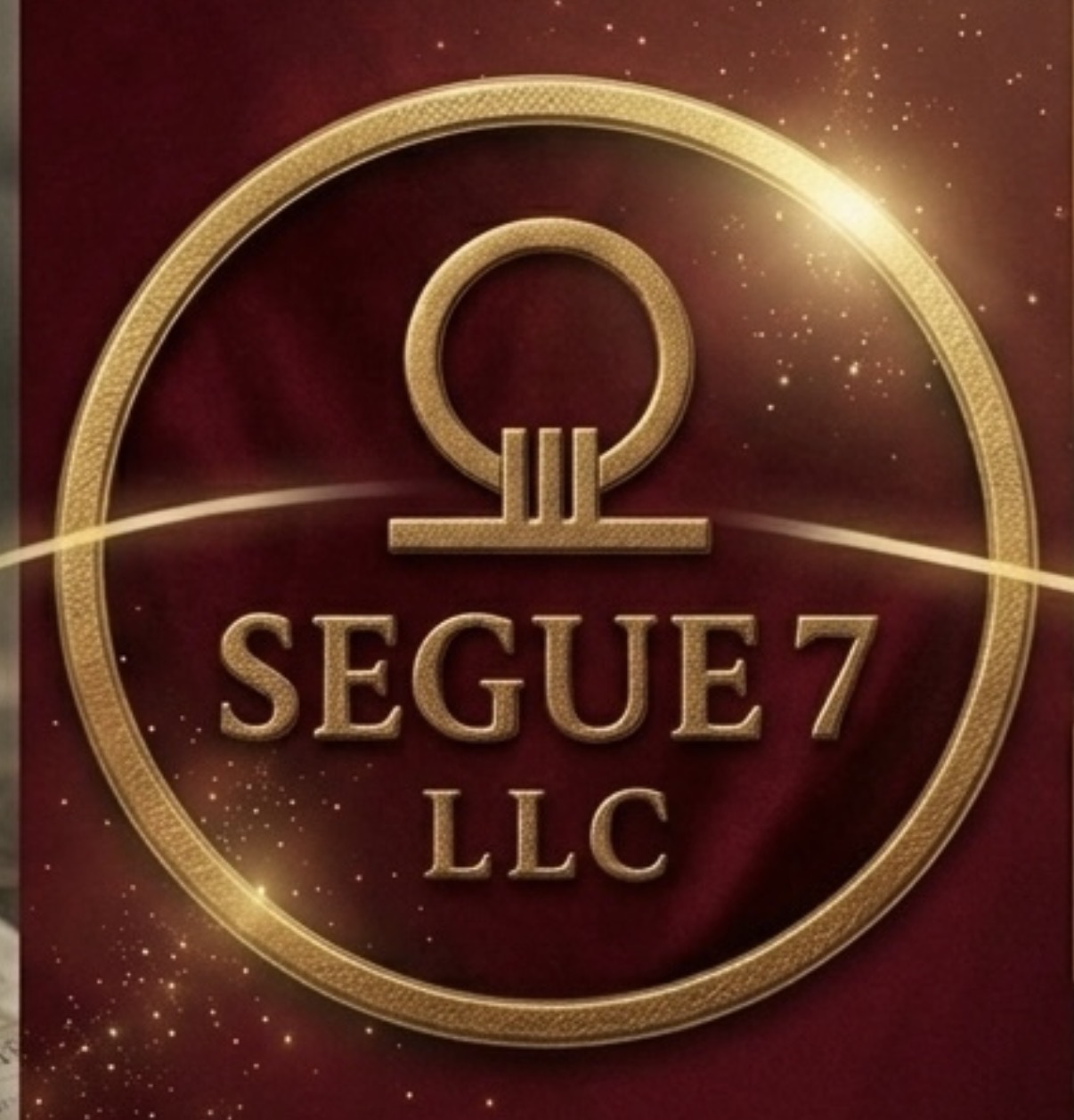 Logo with gold circle and text 'SEGU 7 LLC' on a red background with light effects.